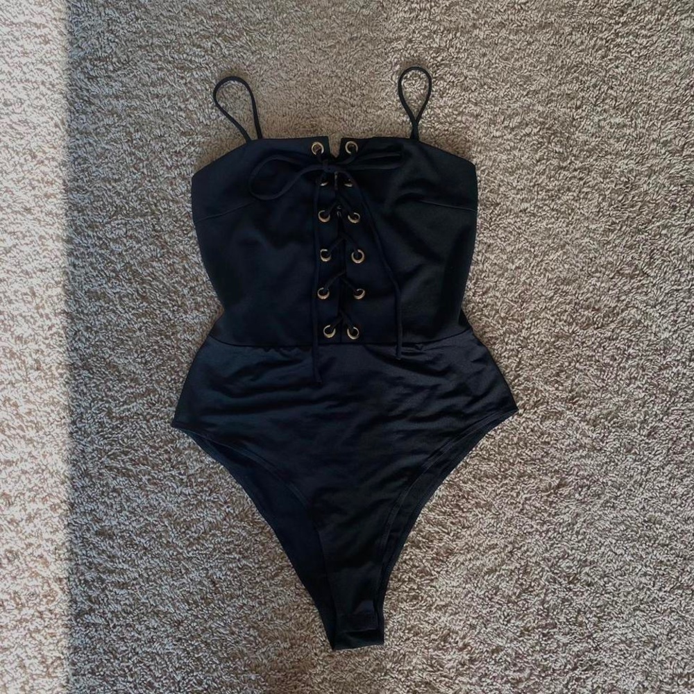 Black Bodysuit with Gold Ring Lace Up. Size small
